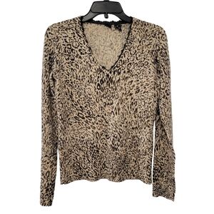 Saks Fifth Avenue Women's Leopard Print Cashmere Sweater Size S V Neck Lace Trim
